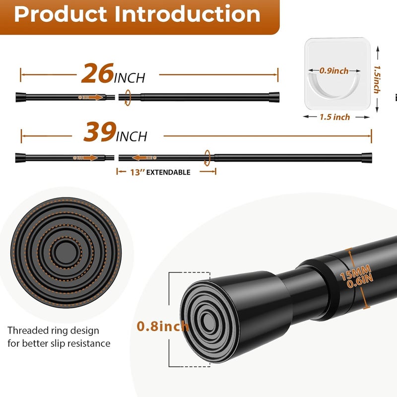 WEIXINHAI 2 Pack Spring Tension Curtain Rod for Windows 26 to 39 inch Black Small Tension Rod Adjustable Spring Curtain Rods No Drilling Short Tension Rod for Kitchen, Closet, Bathroom, Bookshelf - Image 2